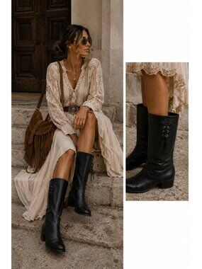 Formentini Vera Pelle Black Leather Mid Calf Boots US 8.5  Italy Block Heel